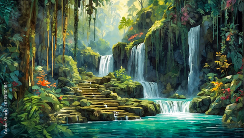 illustration of  green fantasy forest with waterfall