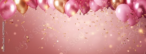 Celebration with pink confetti and golden balloons background.