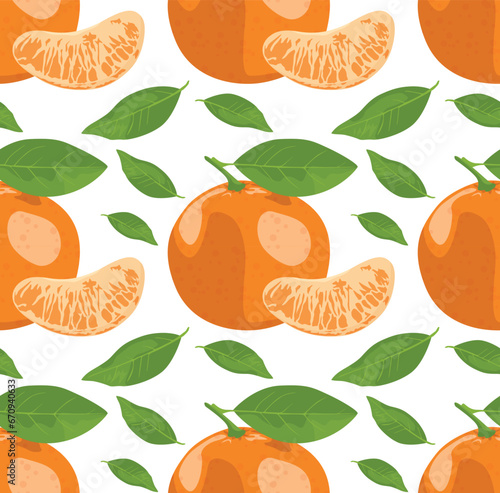 Whole tangerines in peel with leaves, and tangerine slices. Seamless pattern in vector. Cute food pattern. Suitable for backgrounds and prints.