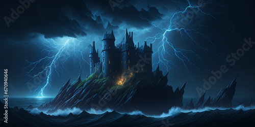 A fantastic castle in the middle of the ocean. Gloomy background, storm, thunderstorm. AI