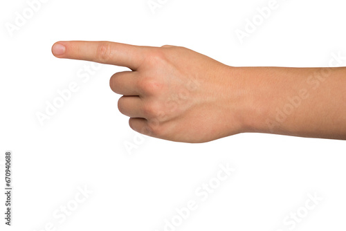 Male hand with index finger pointing to something. PNG isolated on transparent background