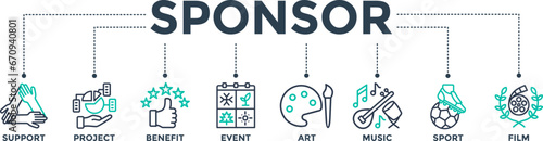 Sponsor banner web icon vector illustration concept with icons of support, project, benefit, art, event, music, sport, and film