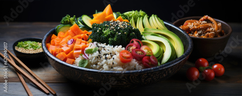 Fresh color vegetables in budha bowl. Vegetable on plate. © Alena