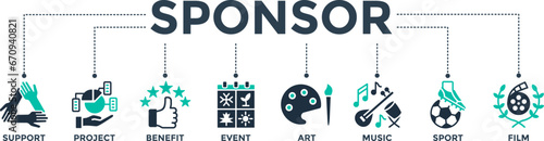 Sponsor banner web icon vector illustration concept with icons of support, project, benefit, art, event, music, sport, and film