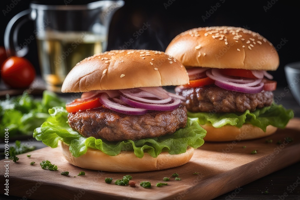 hamburger on a wooden table