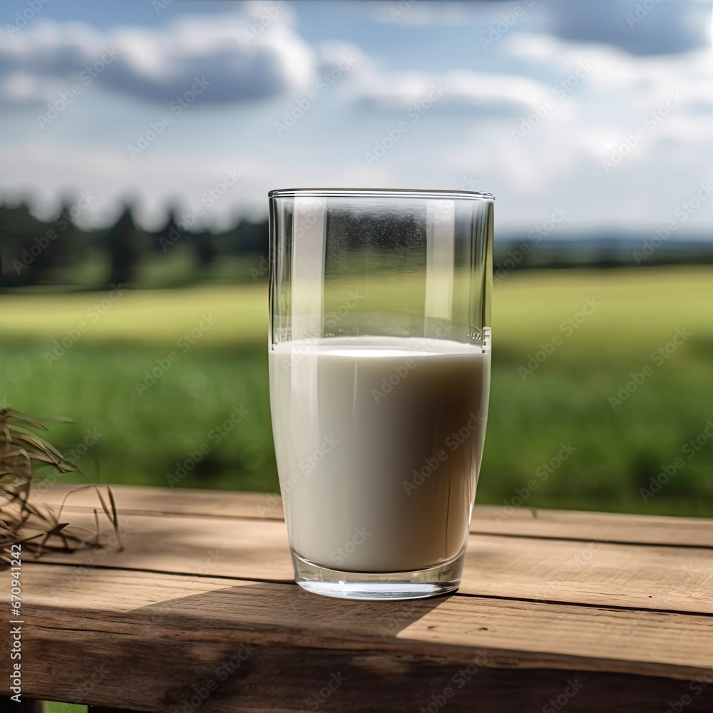 Transparent glass of fresh milk on the background of the field. AI generating Transparent glass of fresh milk on the background of the field. AI generating