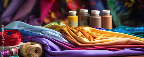 colored bright fabric. detail of sewing color material like fabric, cotton, spool of thread.