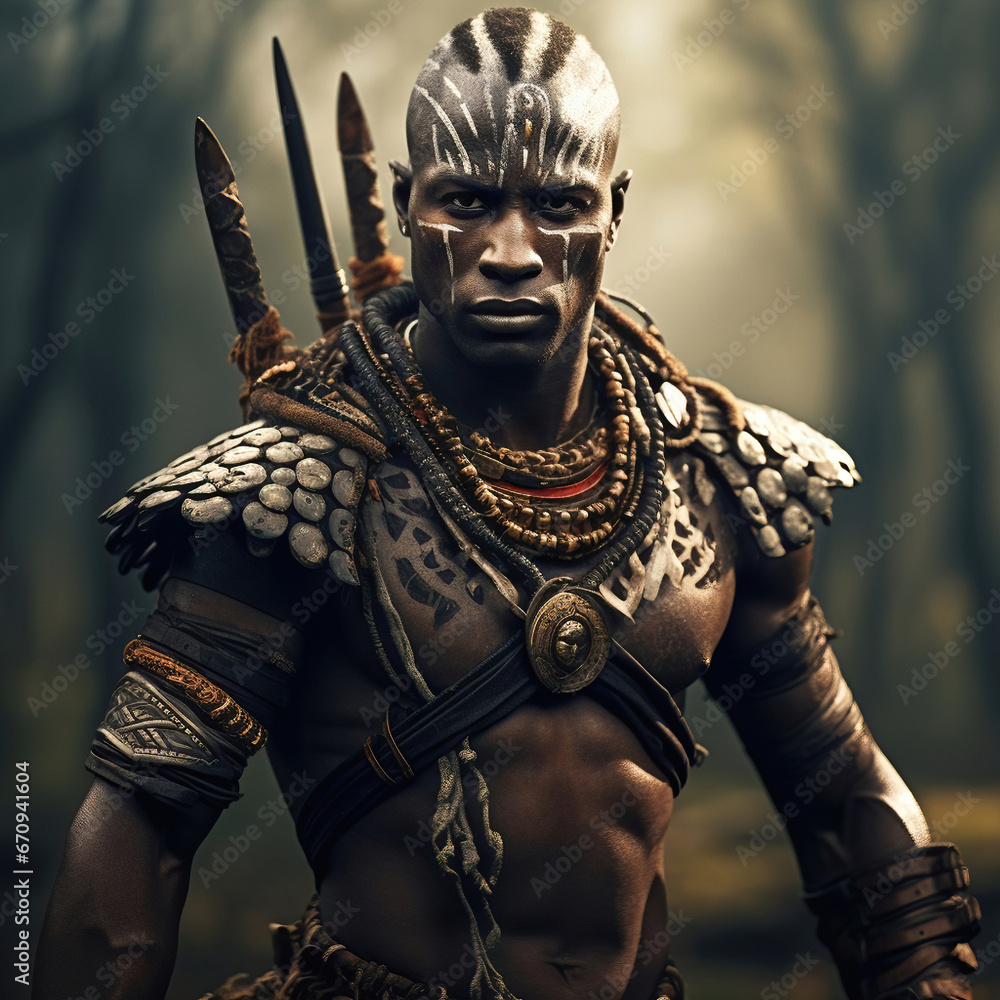 Ancient African warrior with painted face, illustration generative AI Ancient African warrior with painted face, illustration generative AI
