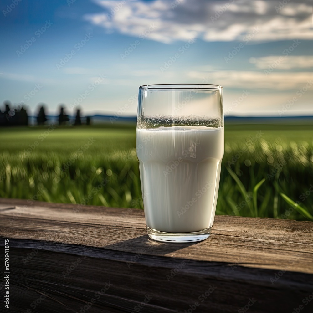 Transparent glass of fresh milk on the background of the field. AI generating Transparent glass of fresh milk on the background of the field. AI generating