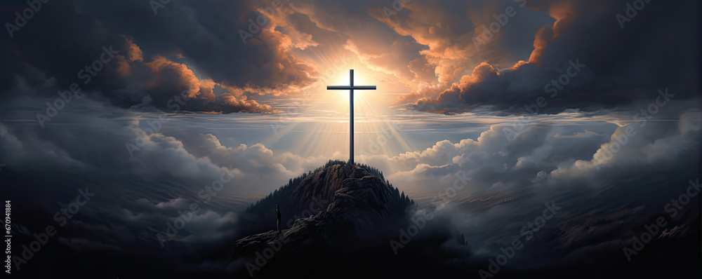 Obraz premium cross in clouds symbol of the death and resurrection , copy space for text.