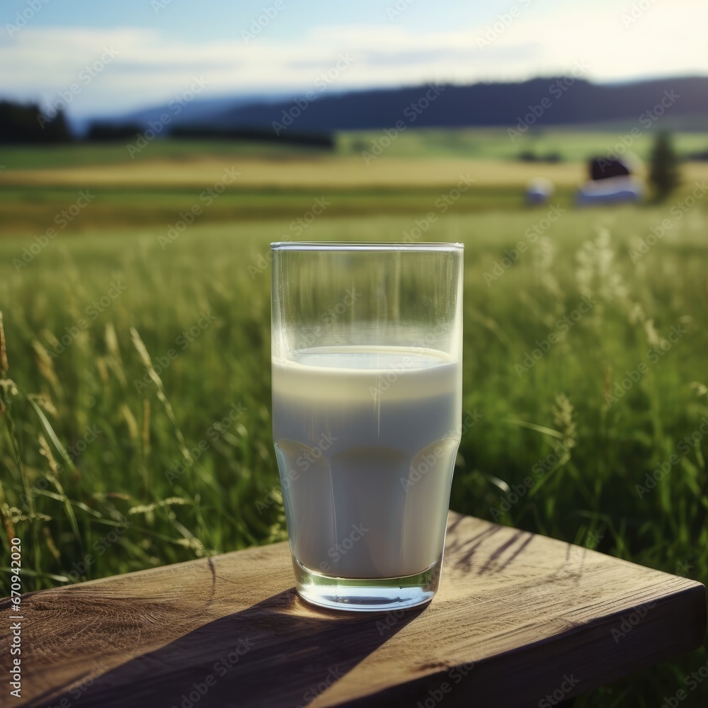 Transparent glass of fresh milk on the background of the field. AI generating Transparent glass of fresh milk on the background of the field. AI generating