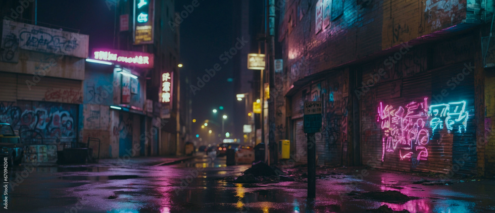 Gloomy Lane of a futuristic city in the style of cyberpunk. Neon-lit Street with a lot of graffiti on the walls of old buildings. Grunge night cityscape.