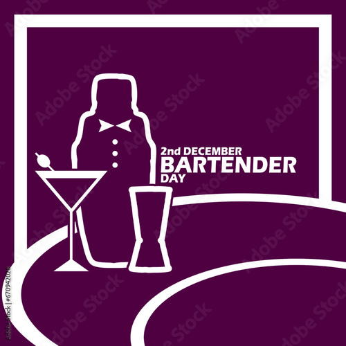 Cocktail shaker with glass of drink, liquid measure glass on table with bold text in frame on dark purple background for celebrating National Bartenders Day on December 2