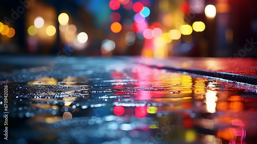 Multi-colored neon lights on a dark city street, reflection of neon light in puddles and water. Abstract night background, blurred bokeh light. Night view. Generative AI.
