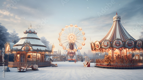 Carousel in the amusement park at Christmas