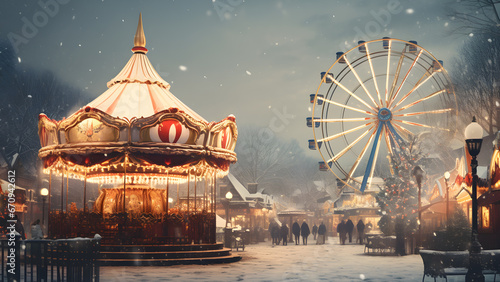 Carousel in the amusement park at Christmas