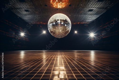 Empty disco hall with disco ball and lights, background stage ramp photo