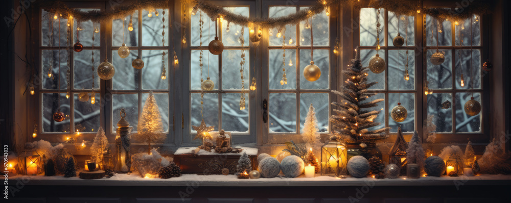 Christmas decoration window, balls trees, lights. Christmass wide banner, Christmas decoration window, balls trees, lights. Christmass wide banner,