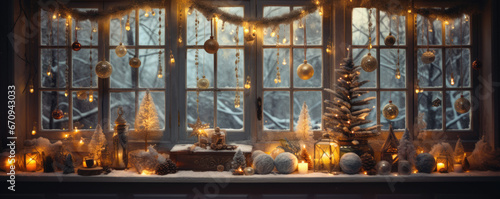 Christmas decoration window, balls trees, lights. Christmass wide banner, photo