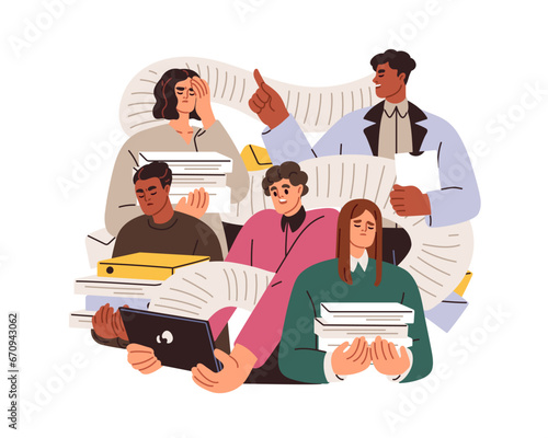 Paper work overload, bureaucracy concept. Paperwork and document flow in company. Business people, office workers overloaded with paperwork. Flat vector illustration isolated on white background