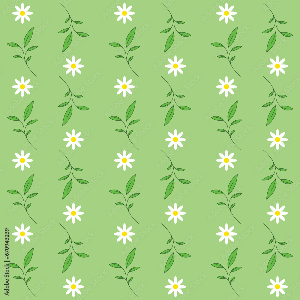 Illustration of a pattern of daisies and petioles on a green background Illustration of a pattern of daisies and petioles on a green background