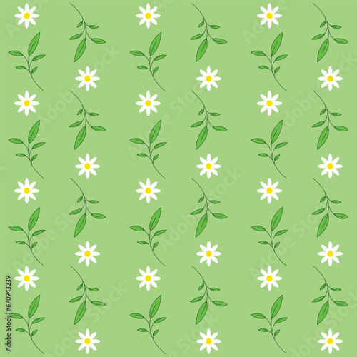 Illustration of a pattern of daisies and petioles on a green background © juandy