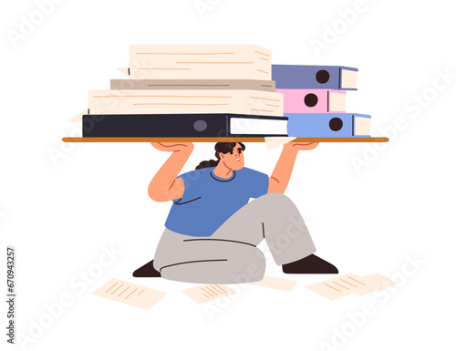Work burden, overload and bureaucracy concept. Overworked employee with many paper documents, business folders. Paperwork, heavy workload. Flat vector illustration isolated on white background