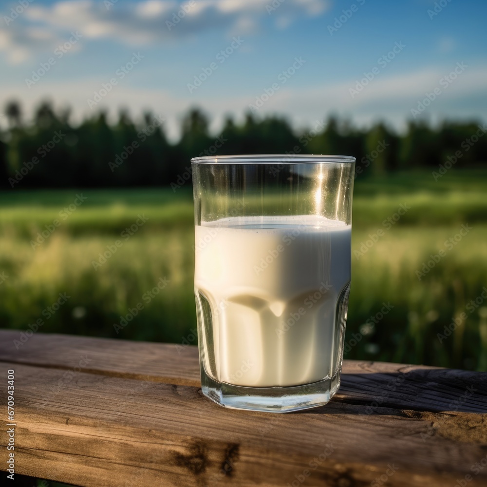 Transparent glass of fresh milk on the background of the field. AI generating Transparent glass of fresh milk on the background of the field. AI generating