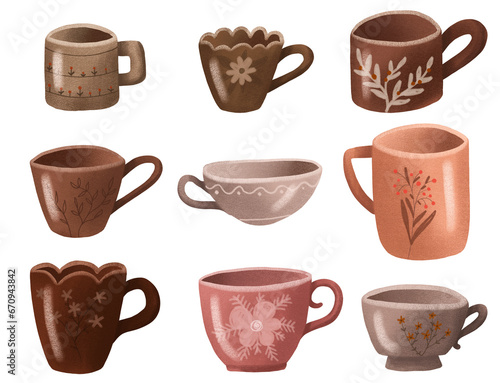 Hand drawn cups collection. Brown Illustration teacups for tea ceremony .  isolated on transparent background.  Illustration drink mug  cup coffee tea
