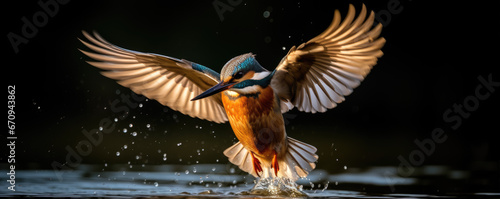 Kingfisher catching fish. Small bird king fisher in fly.