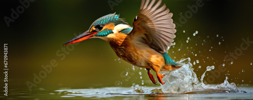 Kingfisher catching fish. Small bird king fisher in fly.