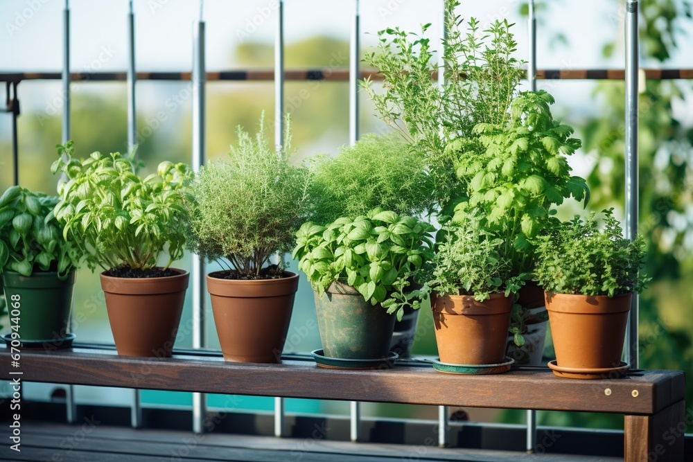 Growing herbs in pots at balcony. Sustainability lifestyle.