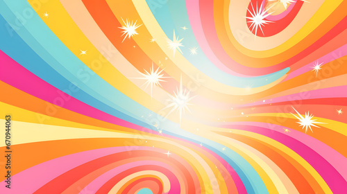 Retro 60s and 70s groovy carnival background. Sun and rainbow swirl pattern, vintage poster vibes. Funky ray elements, circle motifs, reminiscent of circus themes. Generative AI.