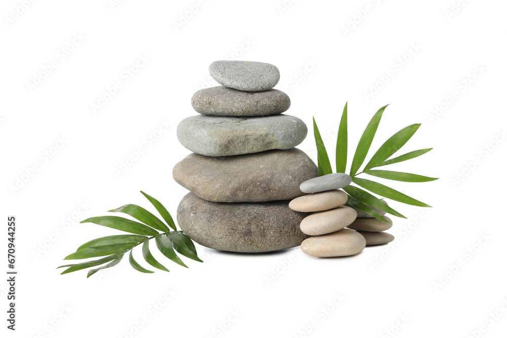 PNG, Stones and tropical leaves, isolated on white background PNG, Stones and tropical leaves, isolated on white background