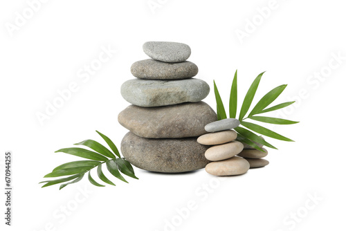 PNG  Stones and tropical leaves  isolated on white background
