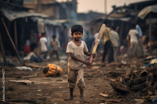 Indian boy playing Cricket in slums