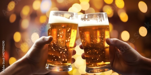 Toasting with craft beer under the warm glow of LED lights, amidst bokeh lights and blurred background shadows.