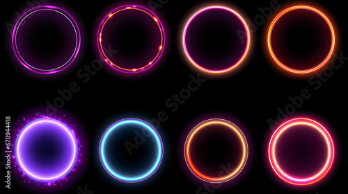 Set of glowing neon color circles round curve shape with wavy dynamic lines isolated on black background technology concept. Circular light frame border. You can use for badges, price . Generative AI.