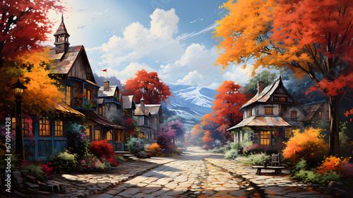 Step into a quaint countryside scene where charming cottages sit among picturesque autumn trees, painting an epic and highly detailed backdrop of seasonal bliss.