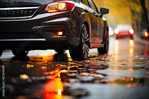 Studded tires. Car standing on a wet dangerous road in autumn during rain. Close up. Autumn vacation concept.