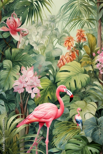 Flamingo with botanical background