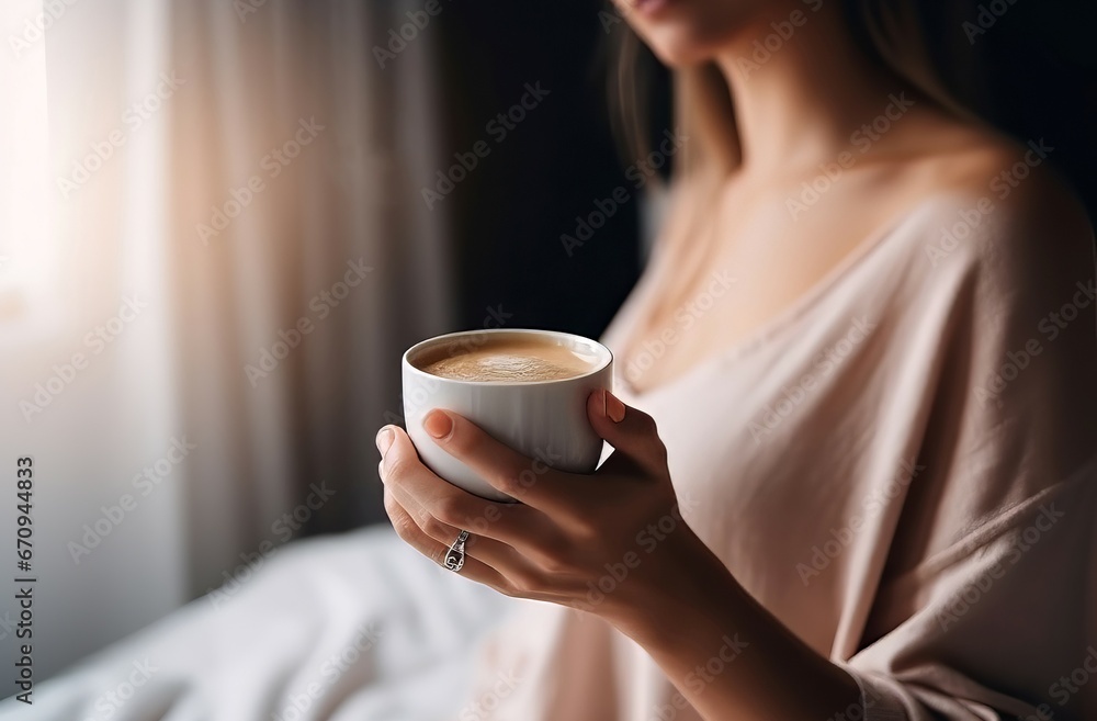 Woman drink morning hold coffee cup. Break comfortable portrait female drinking. Generate Ai