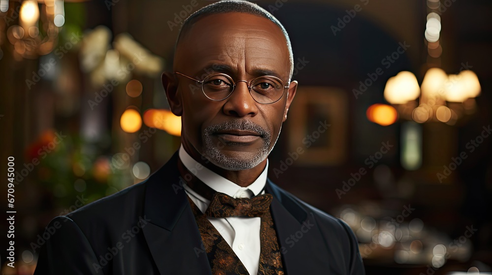 Smiling mature man wearing spectacles looking at camera. Portrait of black confident man at home. Successful entrepreneur feeling satisfied. Man face portrait illustration. Generative AI Smiling mature man wearing spectacles looking at camera. Portrait of black confident man at home. Successful entrepreneur feeling satisfied. Man face portrait illustration. Generative AI