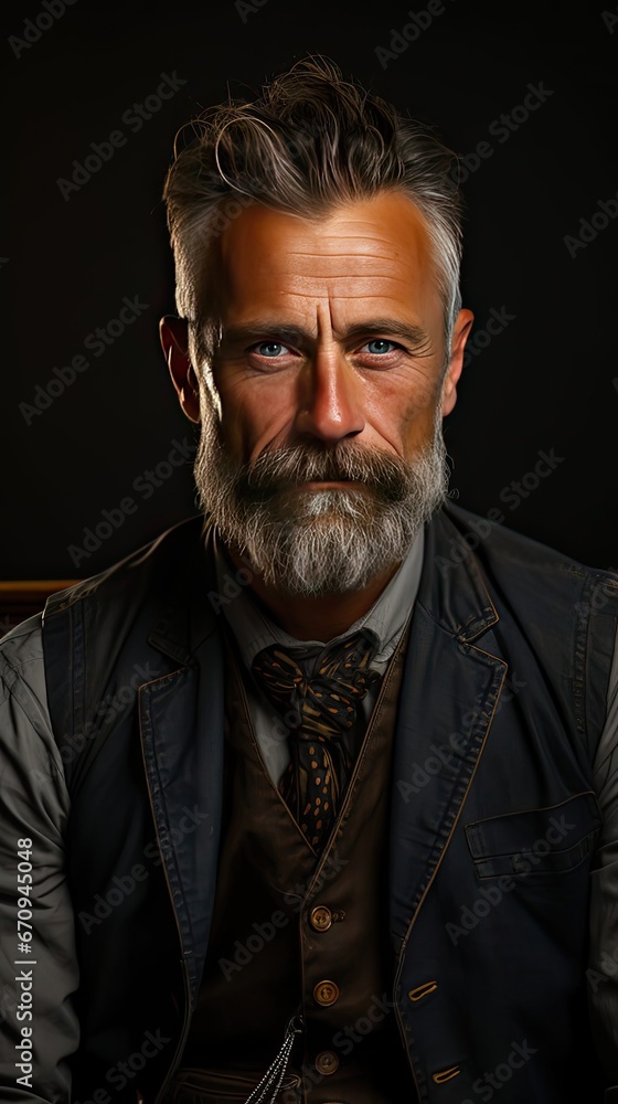 Serious middle-aged man with folded arms and a deadpan expression posing in front of a background Model portrait illustration. Generative AI Serious middle-aged man with folded arms and a deadpan expression posing in front of a background Model portrait illustration. Generative AI