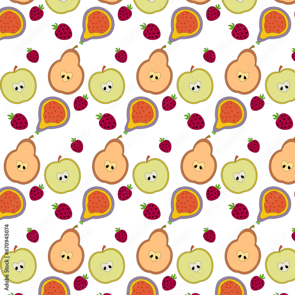 Seamless pattern with cartoon apple, pear, fig, strawberry, decor elements. colorful vector. hand drawing, flat style.design for fabric, print, textile, wrapper