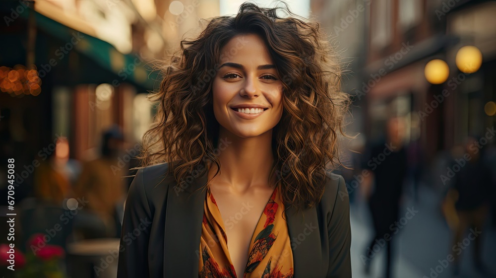 Portrait of happy mature businesswoman looking at camera. Successful proud woman in city street at sunset. Satisfied latin business woman in formal clothing smiling outdoors. Generative AI art - obrazy, fototapety, plakaty 