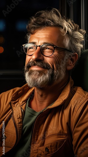 Happy mature middle eastern man wearing eyeglasses sitting on couch. Portrait of indian man relaxing at home and looking away with big smile. Man portrait illustration. Generative AI