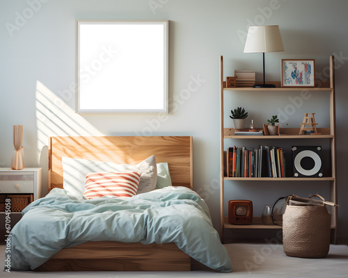 Empty transparent square frame on the wall in a teenager's room. A mockup template for product design or placement. Generative AI