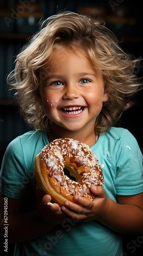 Little happy cute boy is eating donut on background wall. child is having fun with donut. Tasty food for kids. People portrait illustration. Generative AI