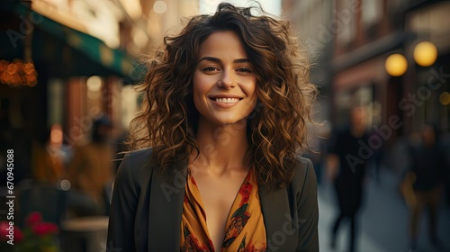 Portrait of happy mature businesswoman looking at camera. Successful proud woman in city street at sunset. Satisfied latin business woman in formal clothing smiling outdoors. Generative AI art
